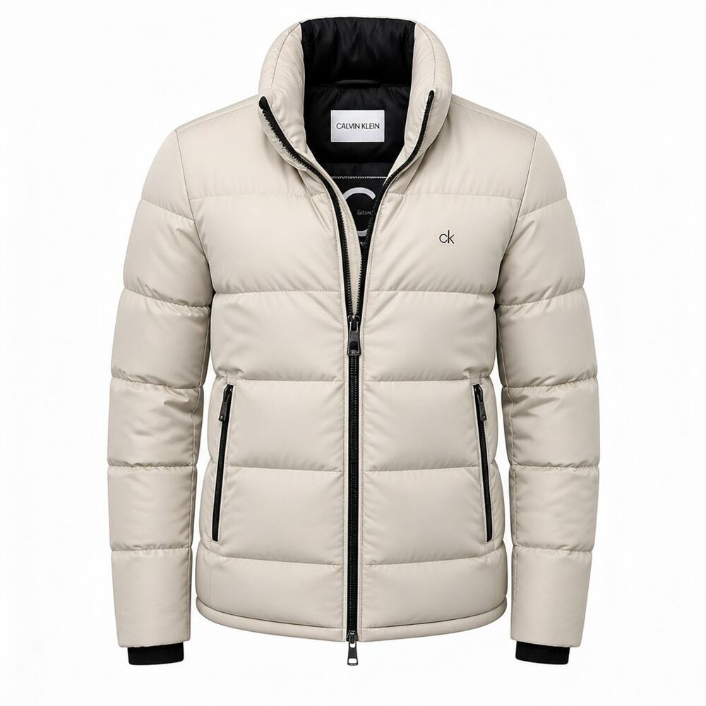 Calvin Klein Women's Quilted Puffer Jacket Coat Double Zip Light Tan Medium